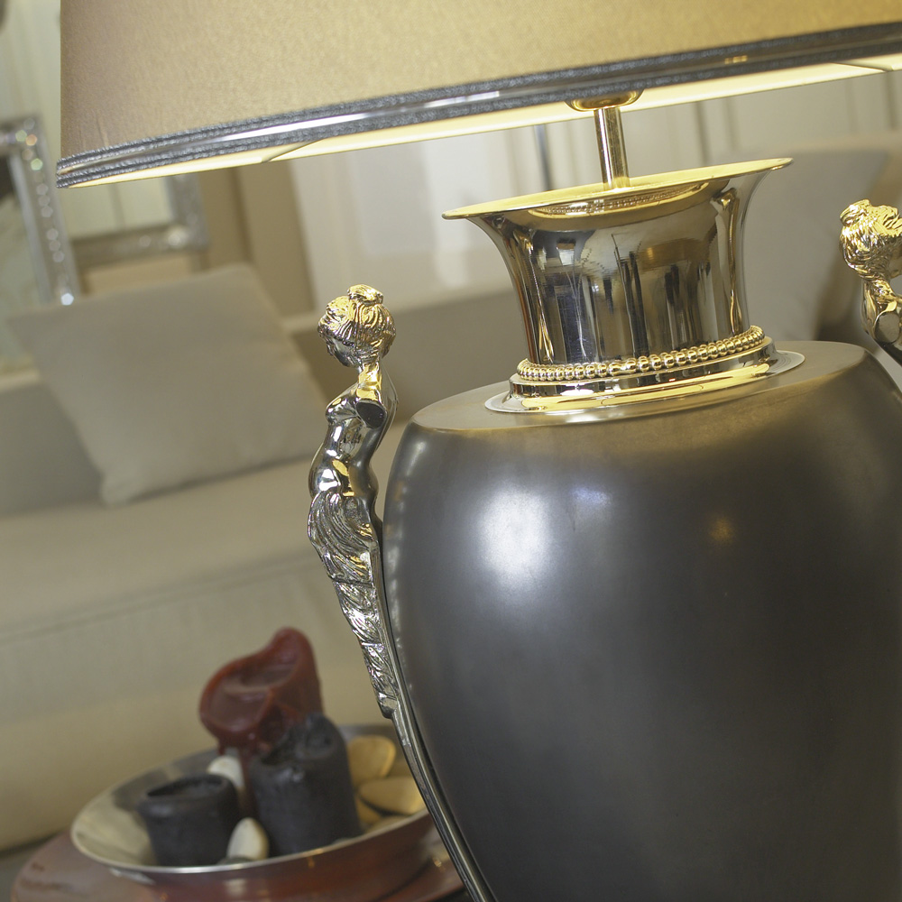 Majolica lamp with chromed brass Grey silver lamè lampshade